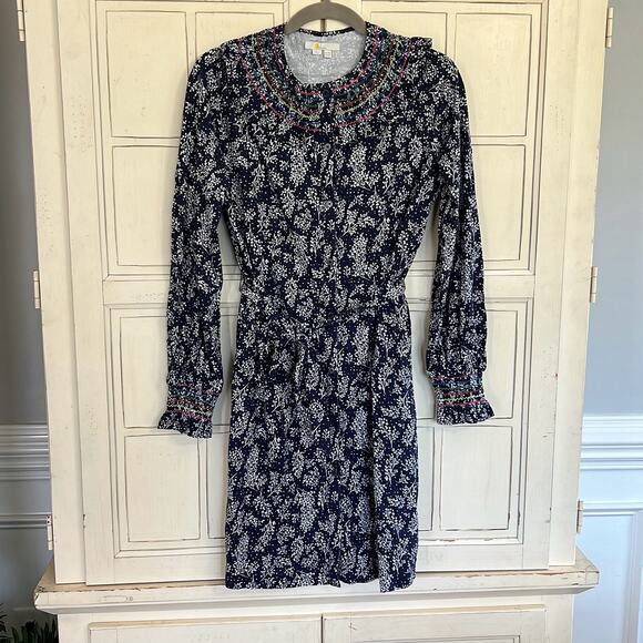 Boden size 10 navy blue and white knit midi dress with colorful stitching - Picture 1 of 5